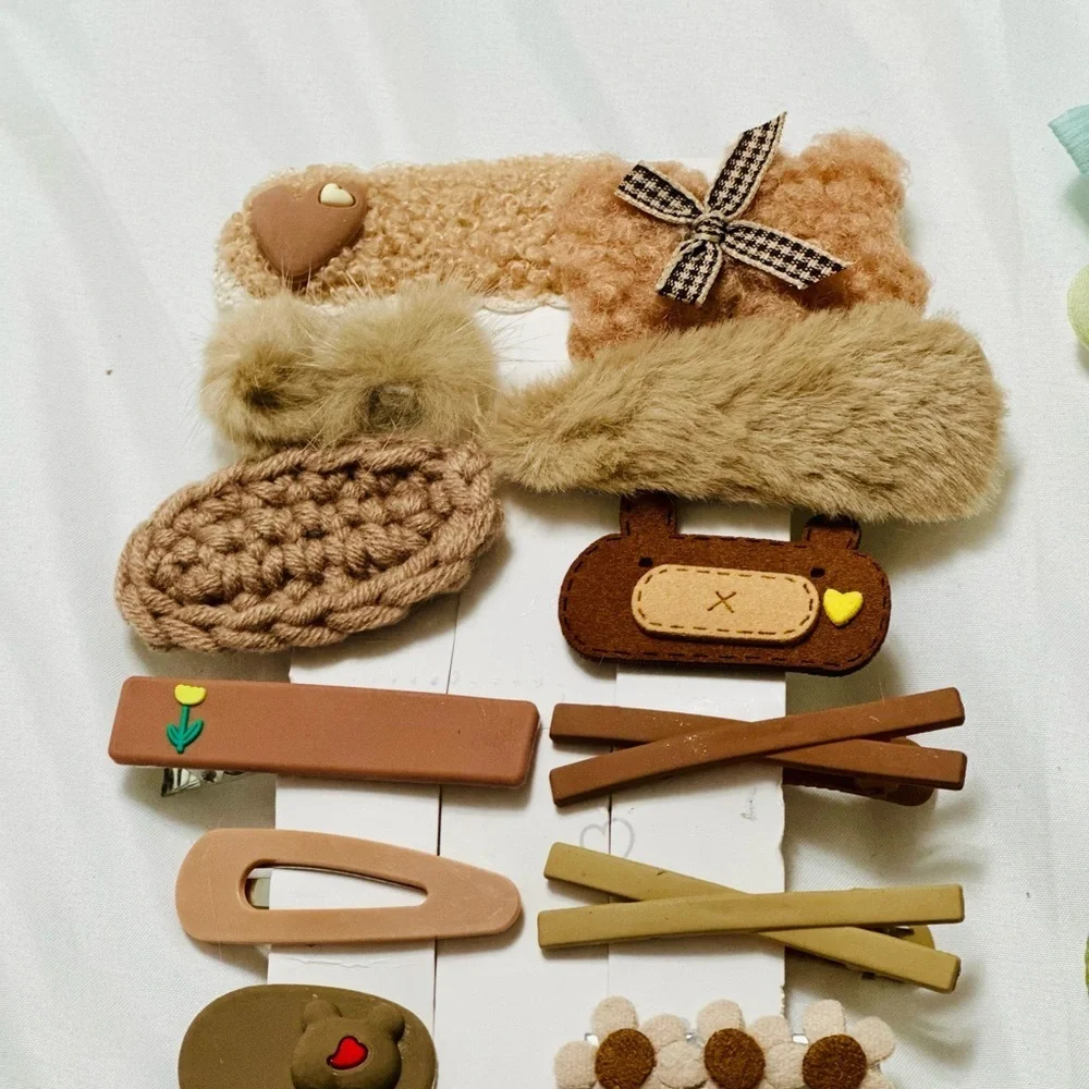 Kids Hair Accessories Set - Pastel and Neutral Tones Bear and garden theme